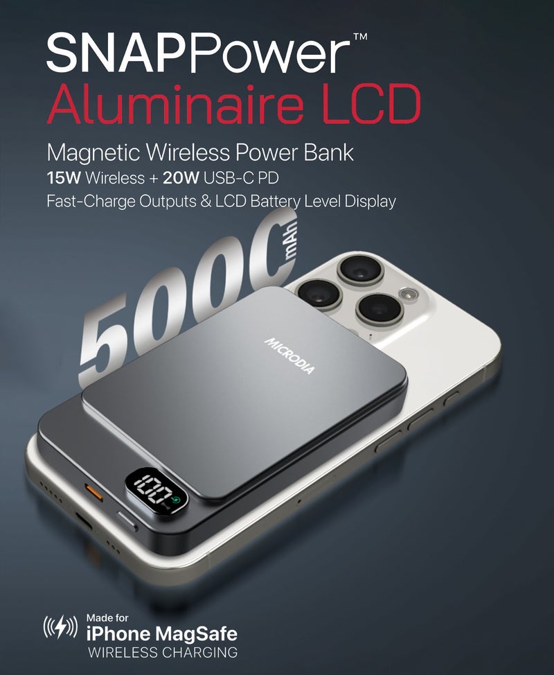 MICRODIA SNAPPower Aluminaire 5000mAh Magnetic Power Bank, 35W PD Fast Charging with LCD Display, MagSafe Wireless Charger for iPhone 15/14/13/12, Samsung S25 Ultra, etc – Charcoal - Image 2